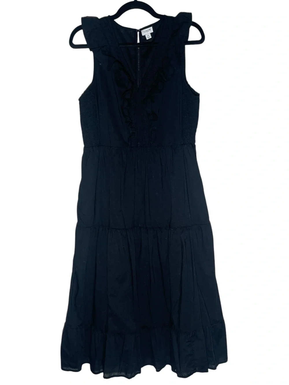J.Crew Black 100% Cotton Ruffle Tiered Midi Dress Sleeveless Pockets Sz 12 Boho